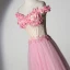 Chic / Belle Rose Bonbon Robe De Bal 2019 Princesse De l'épaule Perlage Perle En Dentelle Fleur Appliques Manches Courtes Dos Nu Longue Robe De Ceremonie
