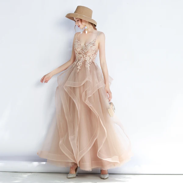 Chic / Belle Kaki Robe De Soirée 2019 Princesse Bretelles Spaghetti En Dentelle Fleur Sans Manches Dos Nu Volants en Cascade Longue Robe De Ceremonie