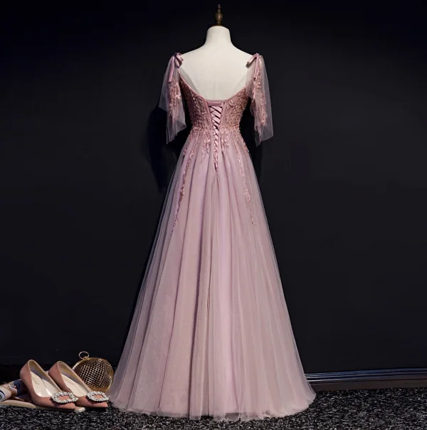 Charmant Rougissant Rose Robe De Soirée 2019 Princesse Bretelles Spaghetti Noeud Perlage En Dentelle Fleur Sans Manches Dos Nu Longue Robe De Ceremonie