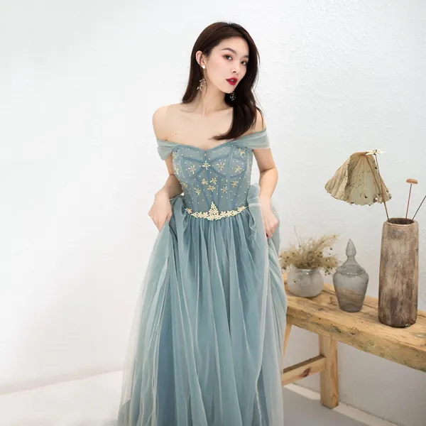 Charming Sage Green Evening Dresses 2019 A-Line / Princess Off-The-Shoulder Beading Crystal Rhinestone Sash Sleeveless Backless Floor-Length / Long Formal Dresses