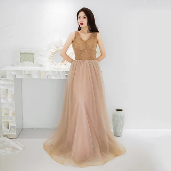 Charming Gold Evening Dresses  2019 A-Line / Princess V-Neck Beading Sequins Lace Flower Sleeveless Backless Floor-Length / Long Formal Dresses