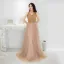 Charming Gold Evening Dresses  2019 A-Line / Princess V-Neck Beading Sequins Lace Flower Sleeveless Backless Floor-Length / Long Formal Dresses