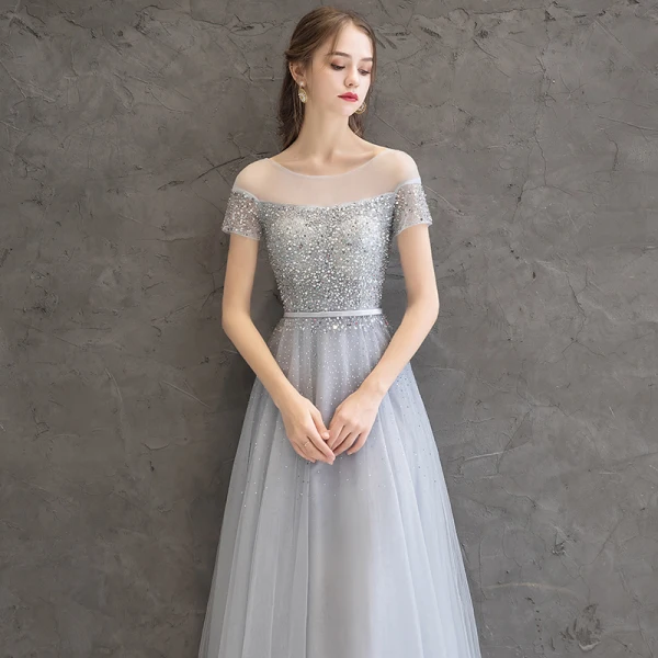 Sparkly Grey Evening Dresses 2019 A-Line / Princess Scoop Neck Beading Sequins Sash Short Sleeve Floor-Length / Long Formal Dresses