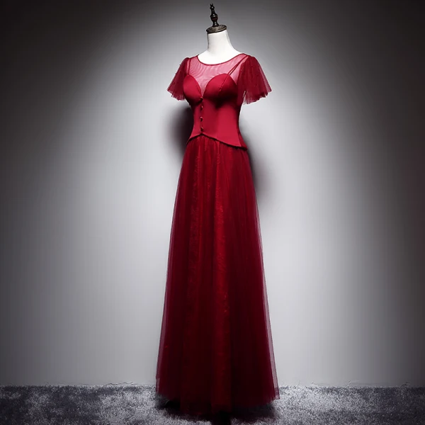 Chic / Belle Bordeaux Robe De Soirée 2019 Princesse Encolure Dégagée Manches Courtes Dos Nu Longue Robe De Ceremonie