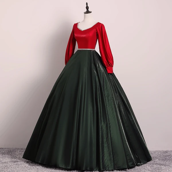 Vintage / Retro Black Red Prom Dresses 2019 Ball Gown V-Neck Rhinestone Sash Long Sleeve Floor-Length / Long Formal Dresses