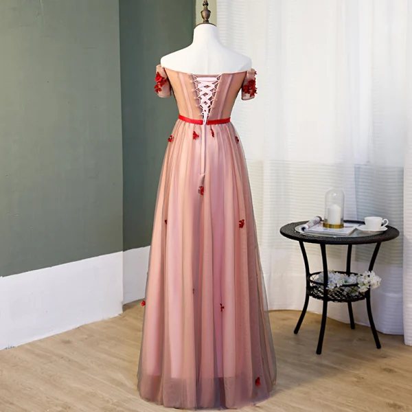 Charmant Rougissant Rose Robe De Soirée 2019 Princesse De l'épaule Cristal En Dentelle Fleur Appliques Manches Courtes Dos Nu Noeud Longue Robe De Ceremonie