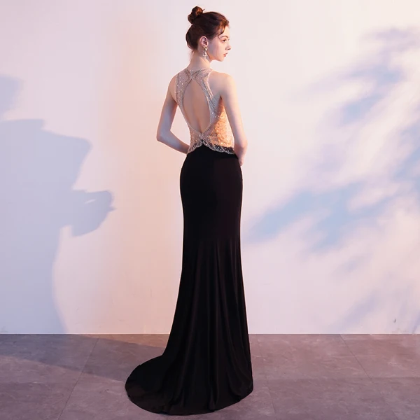 Charmant Noire Robe De Soirée 2019 Trompette / Sirène Encolure Dégagée Perlage Faux Diamant Paillettes Sans Manches Dos Nu Train De Balayage Robe De Ceremonie