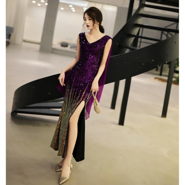 Charmant Violet Dégradé De Couleur Robe De Ceremonie 2019 Trompette / Sirène V-Cou Paillettes Sans Manches Dos Nu Longueur Cheville Robe De Soirée