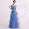 Chic / Beautiful Sky Blue Evening Dresses  2019 A-Line / Princess Off-The-Shoulder Beading Pearl Lace Flower Short Sleeve Backless Floor-Length / Long Formal Dresses