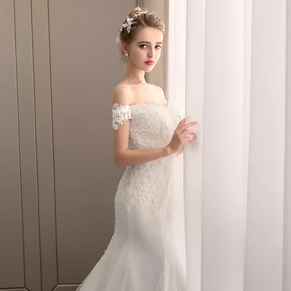 Classy Ivory Wedding Dresses 2019 Backless Trumpet / Mermaid Off-The-Shoulder Beading Pearl Lace Flower Sleeveless Court Train