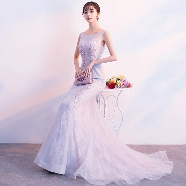 Chic / Belle Rougissant Rose Robe De Soirée 2019 Trompette / Sirène Encolure Dégagée Paillettes En Dentelle Fleur Sans Manches Train De Balayage Robe De Ceremonie