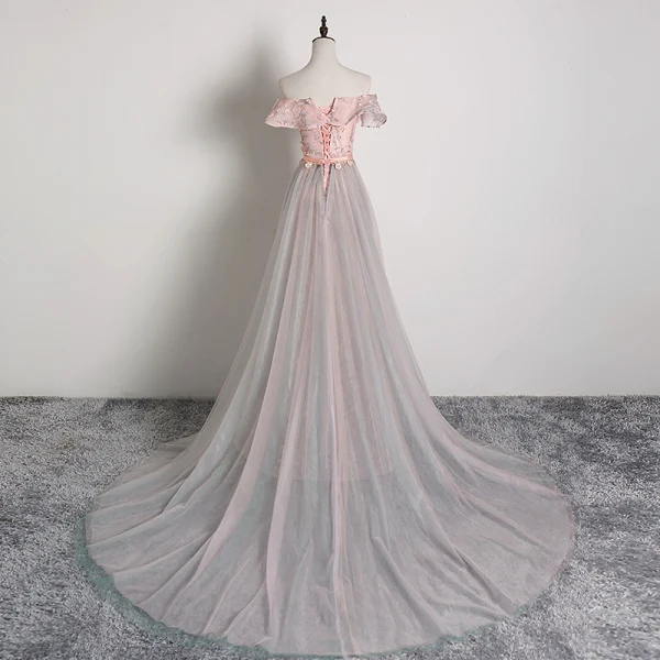 Charmant Rougissant Rose Robe De Soirée 2019 Princesse De l'épaule Appliques En Dentelle Fleur Ceinture Manches Courtes Dos Nu Tribunal Train Robe De Ceremonie