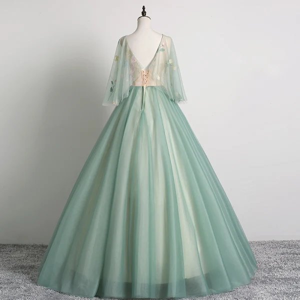 Elegant Sage Green Prom Dresses 2019 Ball Gown V-Neck Lace Flower 1/2 Sleeves Backless Floor-Length / Long Formal Dresses
