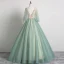 Elegant Sage Green Prom Dresses 2019 Ball Gown V-Neck Lace Flower 1/2 Sleeves Backless Floor-Length / Long Formal Dresses