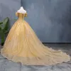 Sparkly Gold Wedding Dresses 2019 Ball Gown Off-The-Shoulder Sequins Short Sleeve Backless Chapel Train