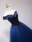 Vintage / Retro Navy Blue Prom Dresses 2019 Ball Gown Off-The-Shoulder Beading Crystal Sleeveless Backless Floor-Length / Long Formal Dresses