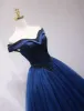 Vintage Marineblau Ballkleider 2019 Ballkleid Off Shoulder Perlenstickerei Kristall Ärmellos Rückenfreies Lange Festliche Kleider