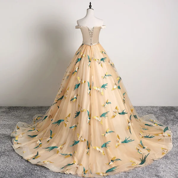 Classic Champagne Prom Dresses 2019 A-Line / Princess Off-The-Shoulder Embroidered Sleeveless Backless Court Train Formal Dresses
