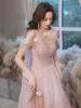 Lovely Pearl Pink Pearl Prom Dresses 2021 A-Line / Princess V-Neck Short Sleeve Backless Floor-Length / Long Formal Dresses