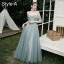 Modest / Simple Mint Green Bridesmaid Dresses 2021 A-Line / Princess Off-The-Shoulder Short Sleeve Backless Floor-Length / Long Wedding Party Dresses
