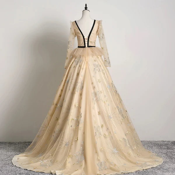 Élégant Beige Robe De Bal 2019 Princesse V-Cou En Dentelle Étoile Manches Longues Dos Nu Train De Balayage Robe De Ceremonie