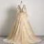Élégant Beige Robe De Bal 2019 Princesse V-Cou En Dentelle Étoile Manches Longues Dos Nu Train De Balayage Robe De Ceremonie