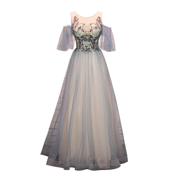 Élégant Bleu Ciel Robe De Soirée 2019 Princesse Encolure Dégagée Perlage En Dentelle Fleur Manches Courtes Dos Nu Longue Robe De Ceremonie