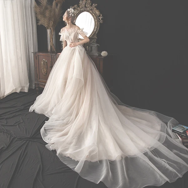 Charmant Champagner Brautkleider / Hochzeitskleider 2019 A Linie Spaghettiträger Perlenstickerei Pailletten Spitze Blumen Kurze Ärmel Rückenfreies Kathedrale Schleppe