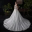 Amazing / Unique Champagne Wedding Dresses 2019 A-Line / Princess Off-The-Shoulder Pearl Lace Flower Short Sleeve Backless Chapel Train