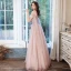 Lovely Pearl Pink Pearl Prom Dresses 2021 A-Line / Princess V-Neck Short Sleeve Backless Floor-Length / Long Formal Dresses
