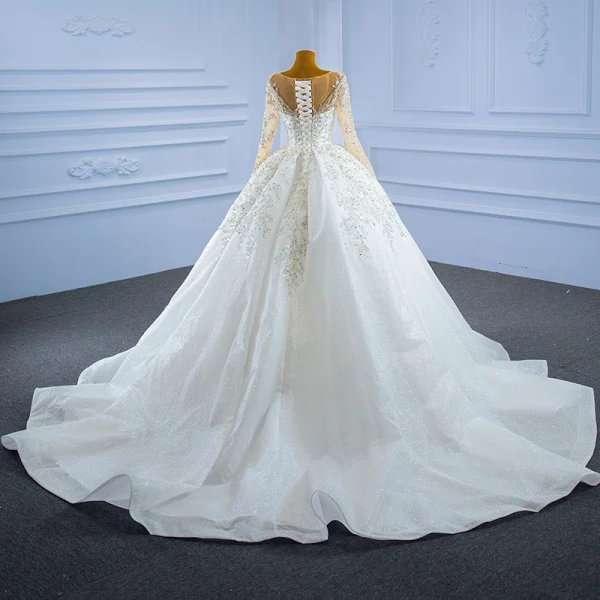 Luxury / Gorgeous Ivory Beading Crystal Wedding Dresses 2021 Ball Gown Glitter Sequins Scoop Neck Long Sleeve Cathedral Train Wedding