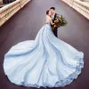 Lyx Silver Bröllopsklänningar 2018 Prinsessa Glittriga / Glitter Älskling Halterneck Ärmlös Royal Train Bröllop