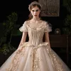 Luxury / Gorgeous Victorian Style Vintage / Retro Champagne Wedding Dresses 2019 Ball Gown Scoop Neck Beading Lace Flower Short Sleeve Backless Royal Train