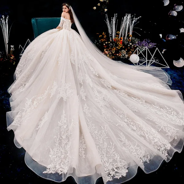 Luxury / Gorgeous Champagne Wedding Dresses 2019 Ball Gown Off-The-Shoulder Beading Sequins Pearl Lace Flower Appliques Short Sleeve Backless Royal Train