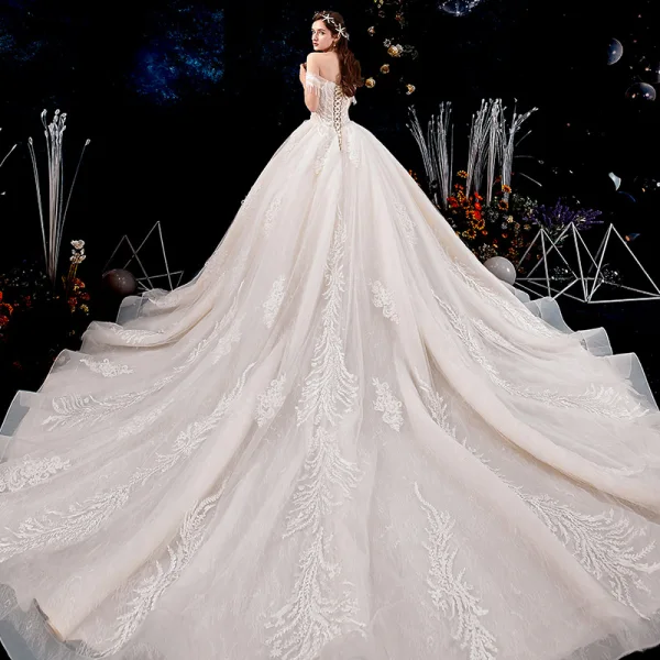 Charming Champagne Wedding Dresses 2019 A-Line / Princess Off-The-Shoulder Beading Tassel Pearl Lace Flower Appliques Short Sleeve Backless Royal Train