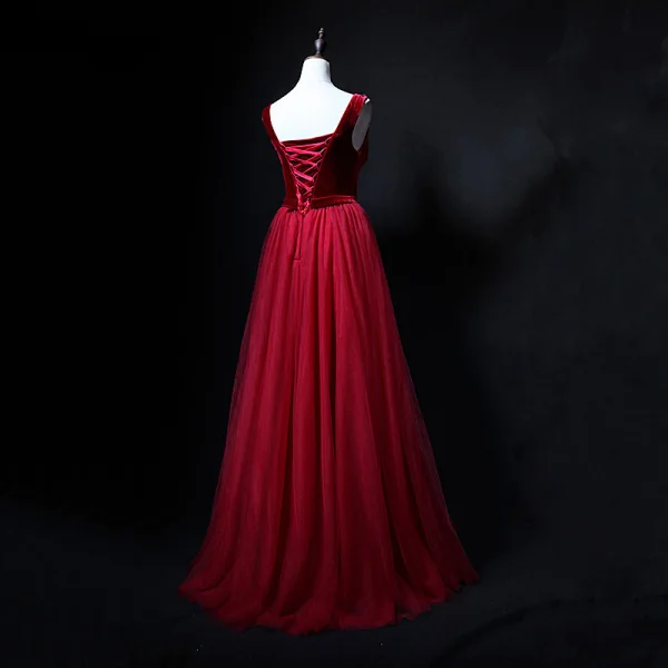 Chic / Belle Bordeaux Robe De Bal 2018 Princesse Cristal Faux Diamant Daim V-Cou Dos Nu Sans Manches Longue Robe De Ceremonie
