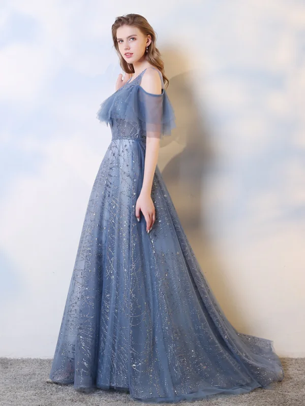 Charmant Océan Bleu Robe De Soirée 2019 Princesse Encolure Dégagée Perlage Cristal Paillettes Manches Courtes Dos Nu Train De Balayage Robe De Ceremonie