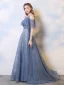 Charmant Océan Bleu Robe De Soirée 2019 Princesse Encolure Dégagée Perlage Cristal Paillettes Manches Courtes Dos Nu Train De Balayage Robe De Ceremonie