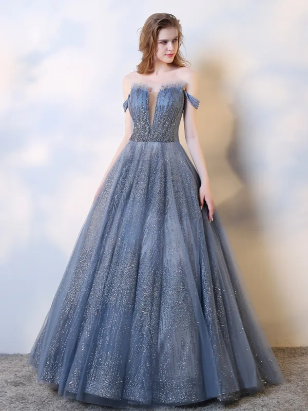 Charmant Meeresblau Abendkleider 2019 A Linie Off Shoulder Perlenstickerei Pailletten Ärmellos Rückenfreies Lange Festliche Kleider