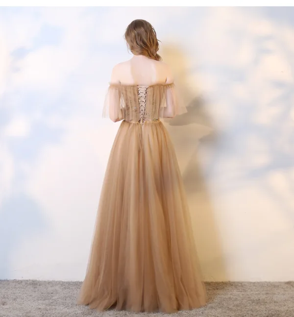Chic / Beautiful Champagne Evening Dresses 2019 A-Line / Princess Sleeveless Beading Sequins Pearl Crystal Off-The-Shoulder Backless Floor-Length / Long Formal Dresses