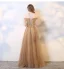 Chic / Beautiful Champagne Evening Dresses  2019 A-Line / Princess Sleeveless Beading Sequins Pearl Crystal Off-The-Shoulder Backless Floor-Length / Long Formal Dresses