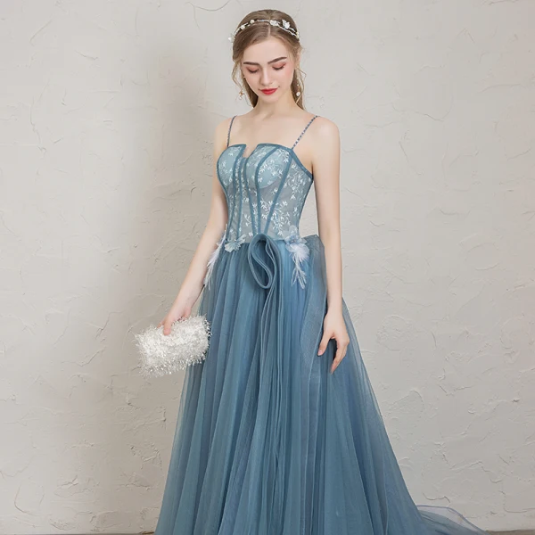 Schöne Meeresblau Abendkleider 2019 A Linie Spaghettiträger Strass Applikationen Spitze Blumen Ärmellos Rückenfreies Hof-Schleppe Festliche Kleider