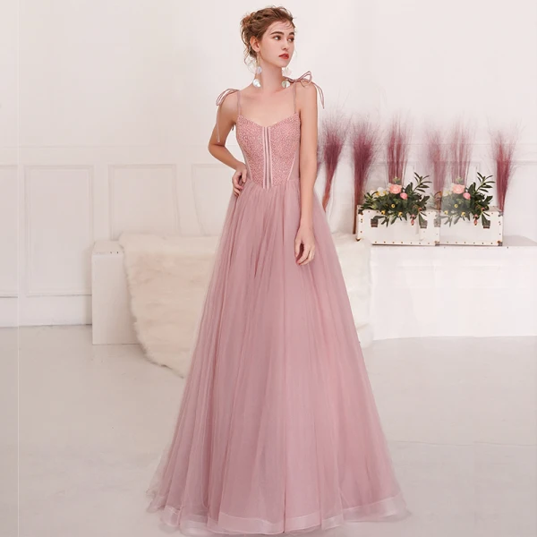 Chic / Belle Rougissant Rose Robe De Soirée 2019 Princesse Bretelles Spaghetti Noeud Perlage Paillettes Sans Manches Dos Nu Longue Robe De Ceremonie