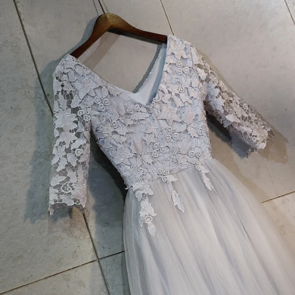 Chic / Beautiful Grey Prom Dresses 2018 A-Line / Princess Lace Appliques V-Neck Backless 1/2 Sleeves Ankle Length Formal Dresses