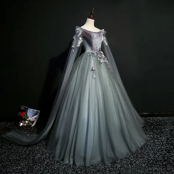 Élégant Gris Robe De Bal 2019 Princesse Encolure Dégagée Paillettes En Dentelle Fleur Manches Longues Dos Nu Longue Robe De Ceremonie