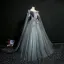 Élégant Gris Robe De Bal 2019 Princesse Encolure Dégagée Paillettes En Dentelle Fleur Manches Longues Dos Nu Longue Robe De Ceremonie