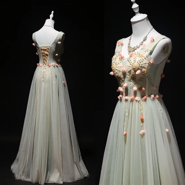 Elegant Sage Green Evening Dresses 2019 A-Line / Princess V-Neck Beading Pearl Appliques Sleeveless Backless Floor-Length / Long Formal Dresses