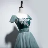 Chic / Beautiful Jade Green Prom Dresses 2022 A-Line / Princess Square Neckline Beading Sequins Lace Flower Short Sleeve Backless Floor-Length / Long Formal Dresses Evening Dresses