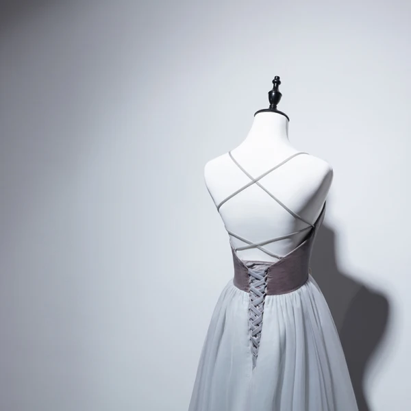 Sexy Grey Evening Dresses 2019 A-Line / Princess Spaghetti Straps Suede Sleeveless Backless Tea-length Formal Dresses