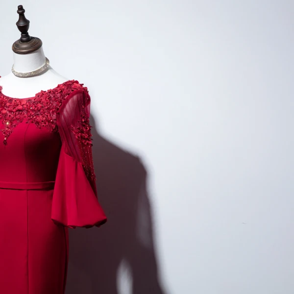Chic / Beautiful Burgundy Evening Dresses 2019 Trumpet / Mermaid Scoop Neck Beading Sequins Lace Flower Appliques 3/4 Sleeve Backless Floor-Length / Long Formal Dresses